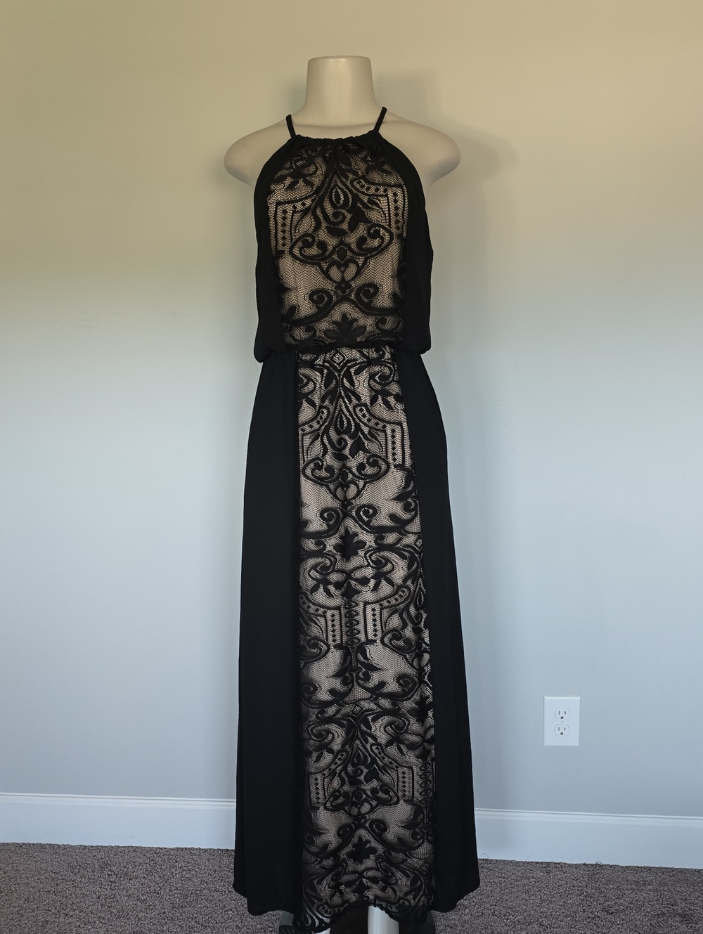 London Times black sleeveless maxi dress- sheer lace panel-4